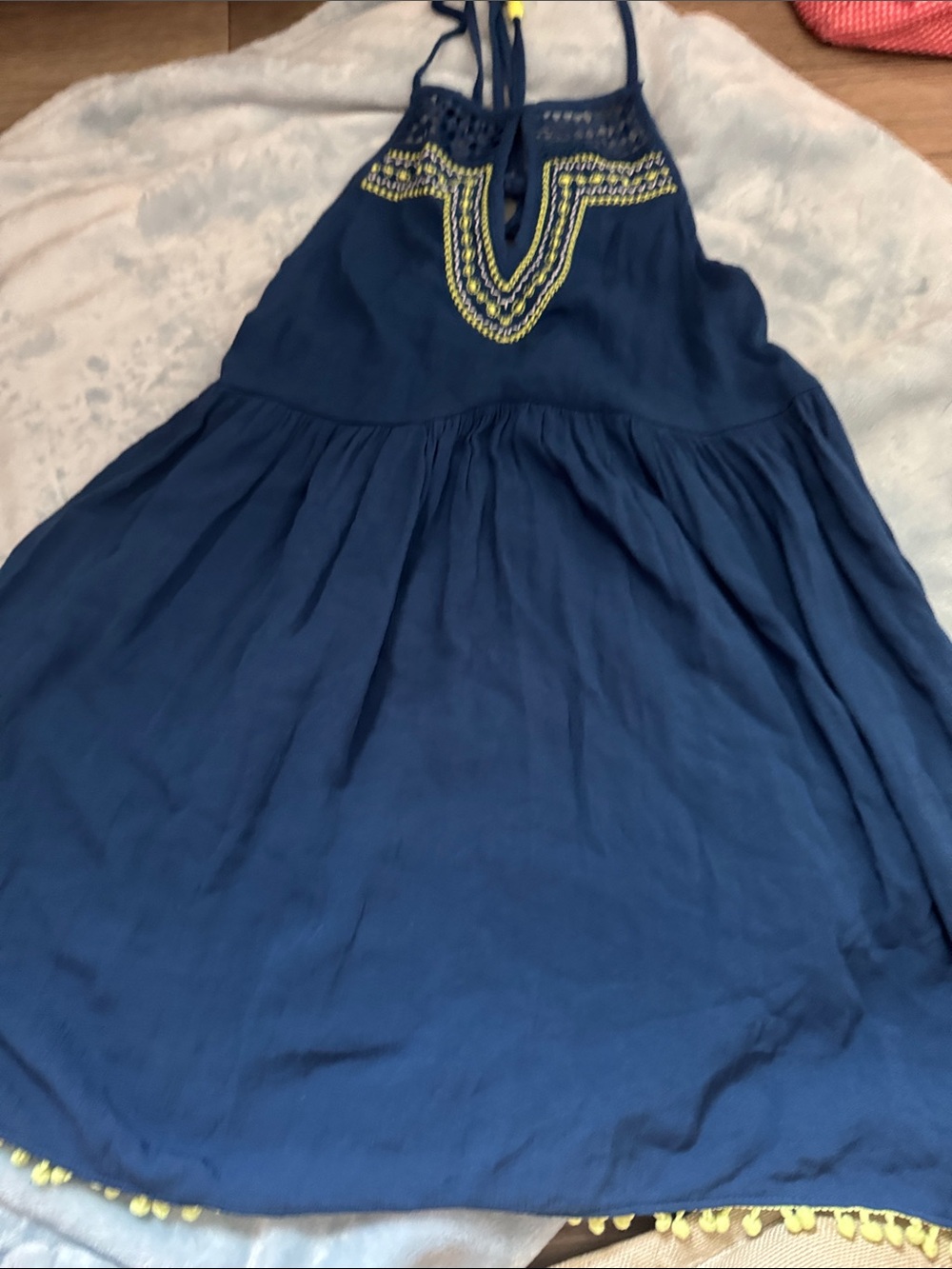 Beach cover up Navy Embroidered Halter Dress